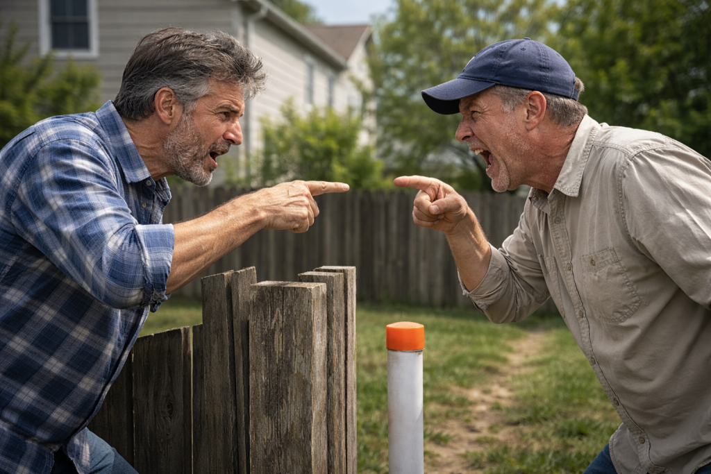 Two neighboring homeowners arguing over a property line boundary dispute beside a wooden fence and survey marker in a suburban residential yard.